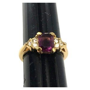 Gold Tone Cocktail Engagement Ring Purple Emerald Cut CZ 6 Side Stones Sz 6.25